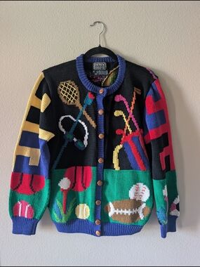 Rare Berek 1989 Vintage Sports Patterned Knit Cardigan Sweater